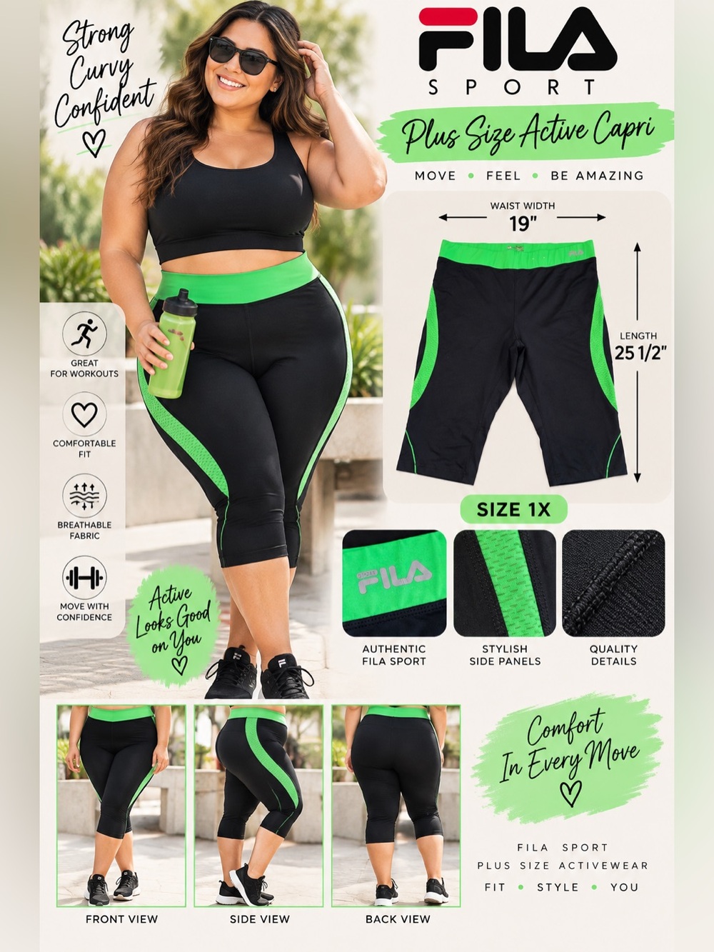 FILA SPORT Women’s Plus 1X Black/Green Colorblock Capri Leggings High Rise